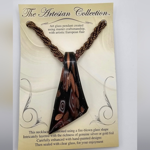 Murano Glass Stretched Millefiori Pendant, Dichroic Copper Fluss Art Glass on Br - Picture 3 of 6